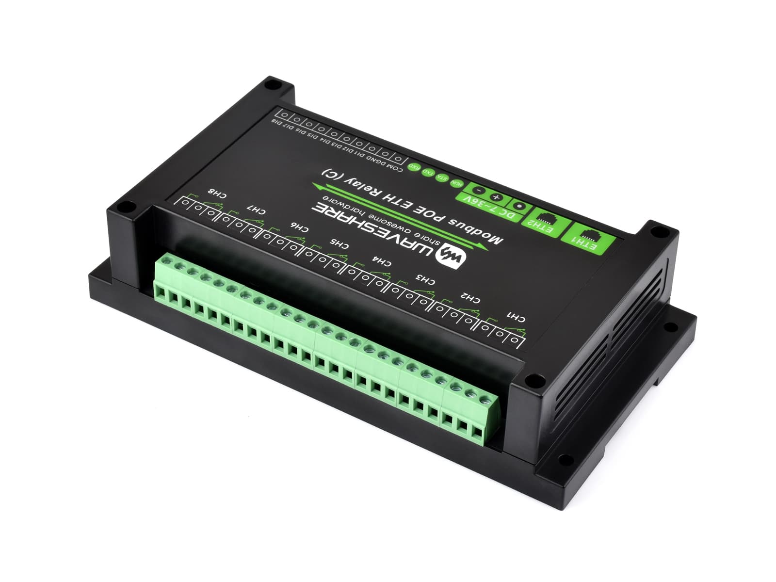 8-канальный релейный модуль с двумя портами Ethernet (C), протокол Modbus RTU, источник питания PoE, с различными схемами изоляции и защиты, корпус для монтажа на рейку промышленного класса — фото 2