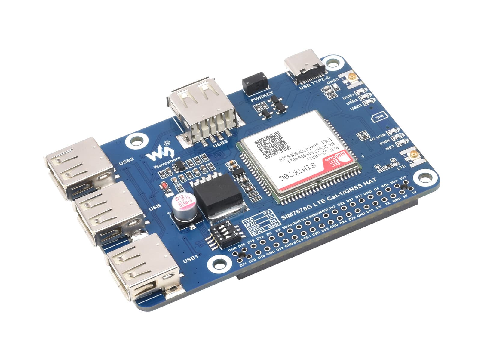 Cat-1/GNSS HAT для Raspberry Pi, на базе модуля SIM7670G, поддержка глобального многодиапазонного LTE 4G Cat-1, позиционирование GNSS, 3 расширенных порта USB 2.0 — фото 2
