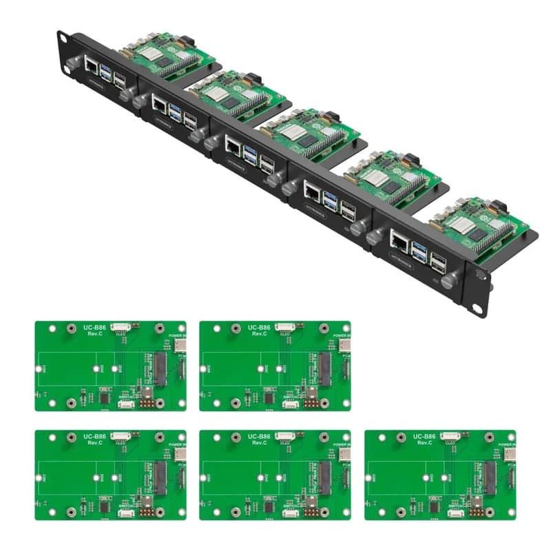 Uctronics Rack Basic для Pi 5–19 дюймов, 1U, крепление в стойку с 5 основаниями M.2