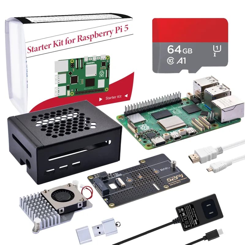 Стартовый комплект 52Pi для Raspberry Pi 8 ГБ, включает плату Raspberry Pi 5 8 ГБ, периферийную плату N04 M.2 NVMe SSD PCIe, металлический корпус с активным охладителем, SD-карту 64 ГБ, кабель HDMI и блок питания USB C мощностью 27 Вт для Raspberry Pi 5