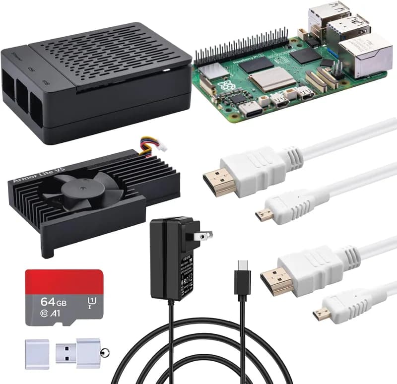 Стартовый комплект 52Pi для Raspberry Pi 5 8 ГБ, с платой Raspberry Pi 5 8 ГБ, чехлом, картой памяти 64 ГБ, кард-ридером, кабелями HDMI и блоком питания USB C мощностью 27 Вт.