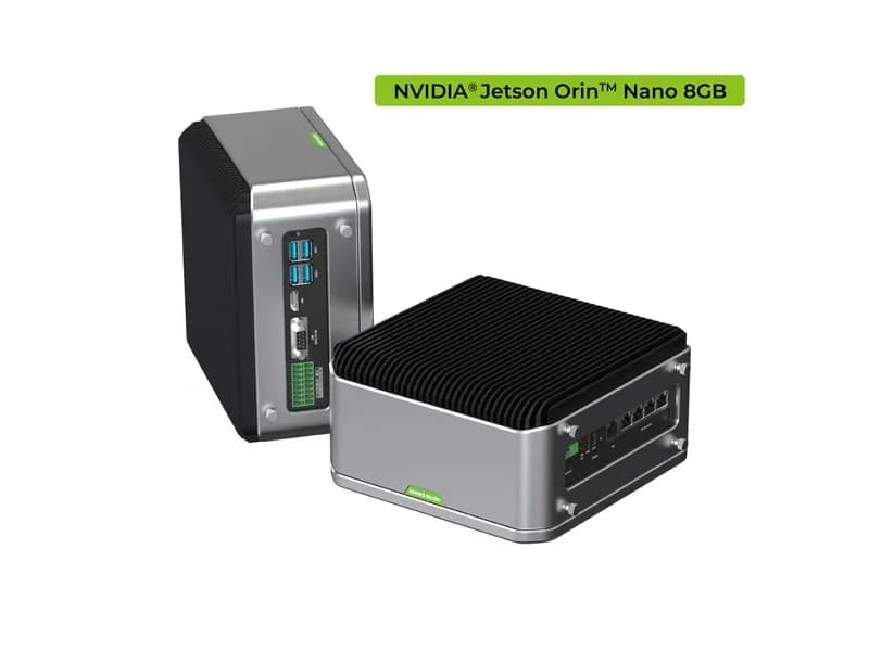 reServer Industrial J3011 — безвентиляторный NVR-сервер с поддержкой AI и модулем NVIDIA Jetson Orin Nano 8 ГБ, алюминиевый корпус с пассивным охлаждением, 5xRJ45 GbE с PoE, 2 отсека для 2,5-дюймовых жестких дисков/твердотельных накопителей, 1xRS232/RS422/RS485, 4xDI/DO, 1xCAN, предустановленные Система ДжетПак