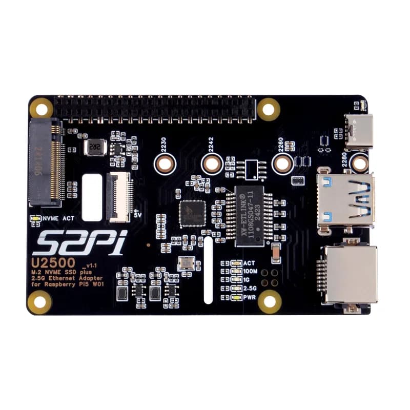 52Pi M.2 NVMe SSD Plus 2.5G Ethernet-адаптер для Raspberry Pi 5, шляпа W01 U2500 с расширением NVMe SSD, сетевой порт USB 2.5G, разъем GPIO, поддержка M.2 NVMe M-Key 2230/2242/2260/2280 SSD